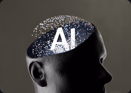 A profile of a head opened at the crown, particles rising from it under the letters AI.