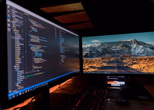 Two monitors on a desk, one filled with code in a dark editor.