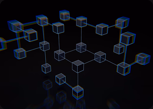 A dark render of wireframe cubes linked into a network.