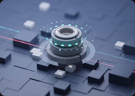 A 3D render of a lit component seated on a blue circuit landscape.