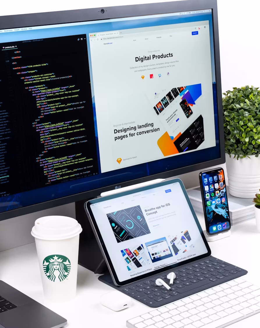 A desk with a monitor showing code beside a design mockup, a tablet and a phone.